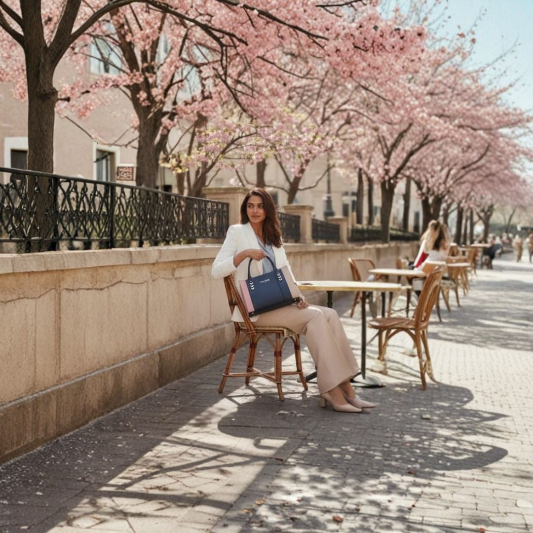 Fendi Roma Black Leather Handbag with Pink & Beige Side Panels