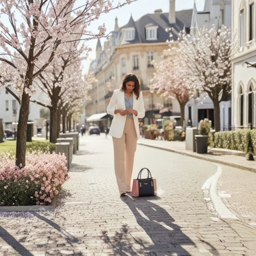 Fendi Roma Black Leather Handbag with Pink & Beige Side Panels