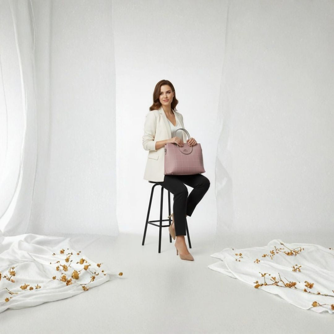 Pink Grid‑stitched Leather Handbag with Metal Handle