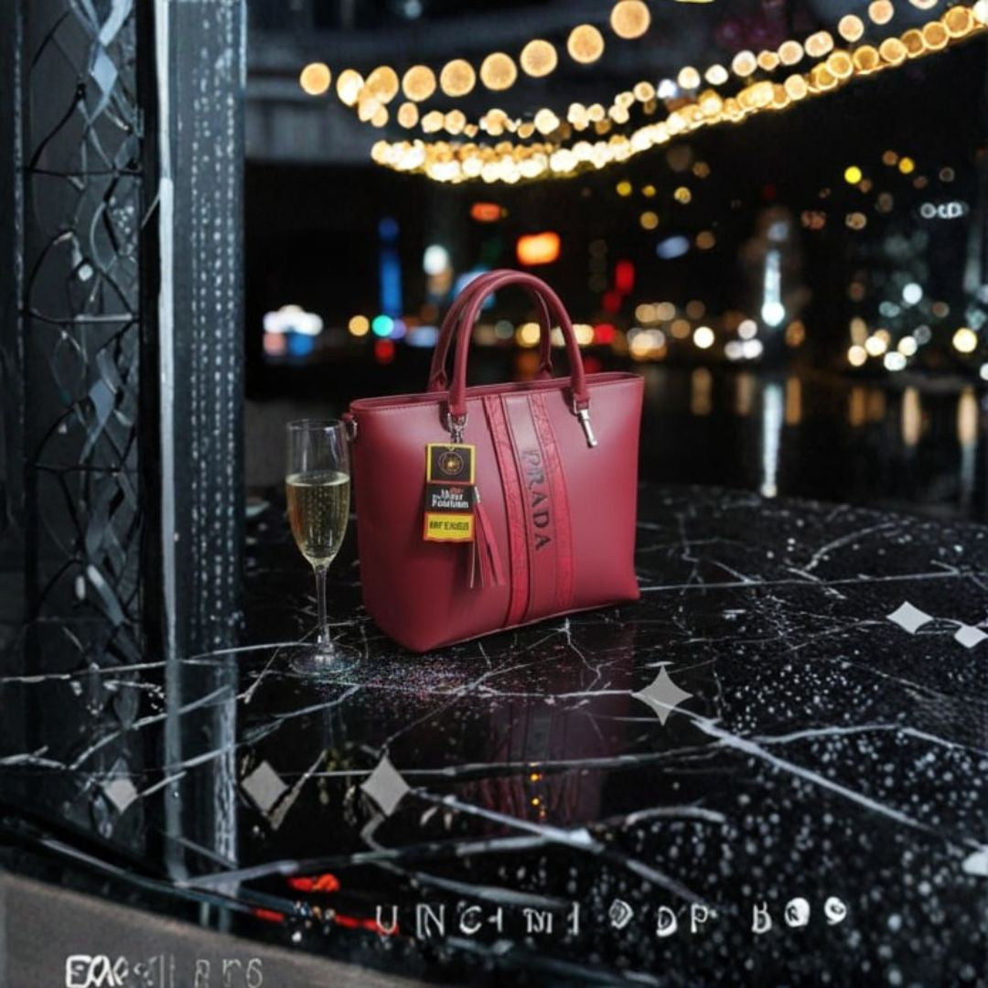 Elegant Red Structured Tote Handbag with Top Handles, Tassel Charm & Vertical Stripe Design