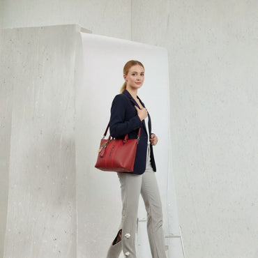 Elegant Red Structured Tote Handbag with Top Handles, Tassel Charm & Vertical Stripe Design