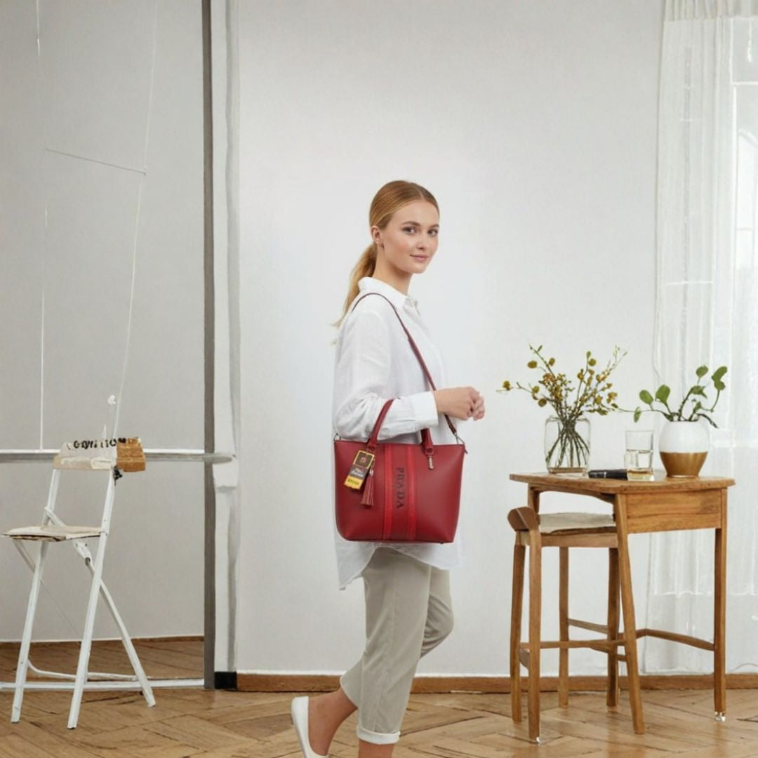 Elegant Red Structured Tote Handbag with Top Handles, Tassel Charm & Vertical Stripe Design