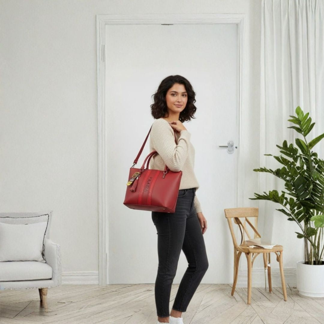Elegant Red Structured Tote Handbag with Top Handles, Tassel Charm & Vertical Stripe Design