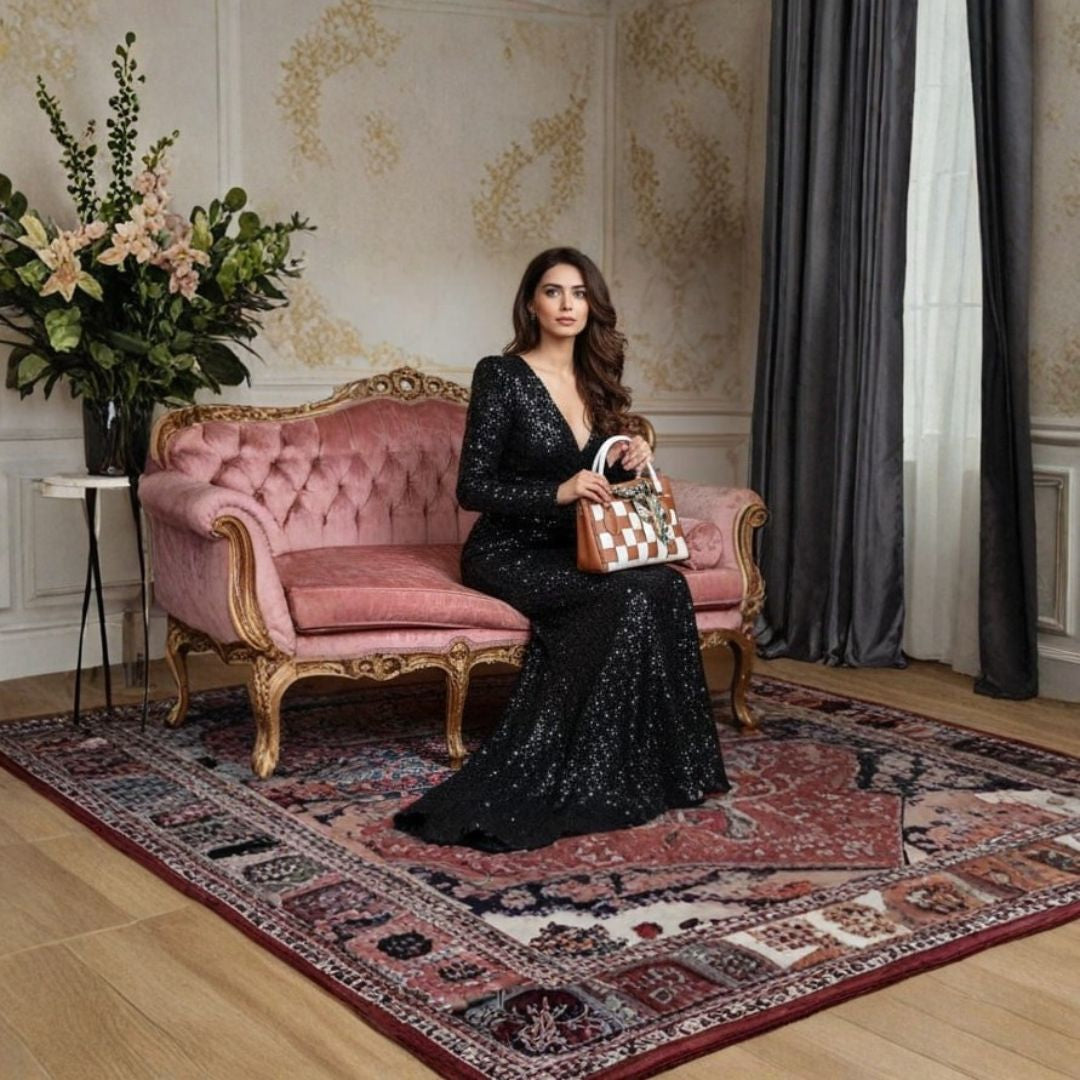 Woven Two-Tone Tote Handbag with Scarf Accent