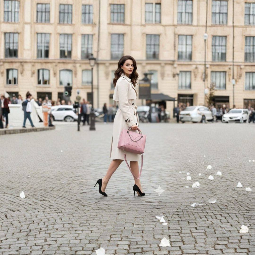 Pink Structured Tote Handbag with Chain Detail
