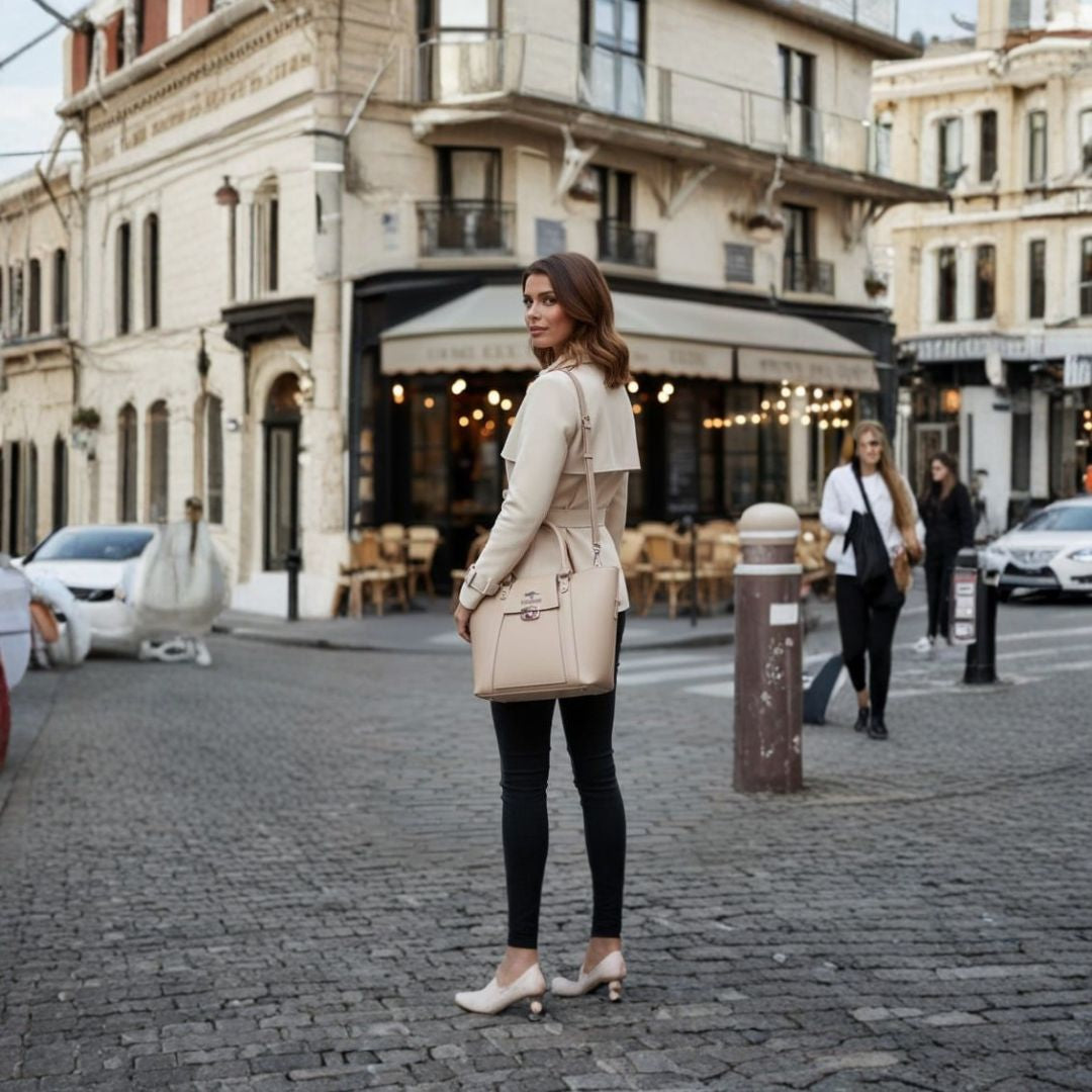 Women’s Classic Lock Tote Handbag – Beige