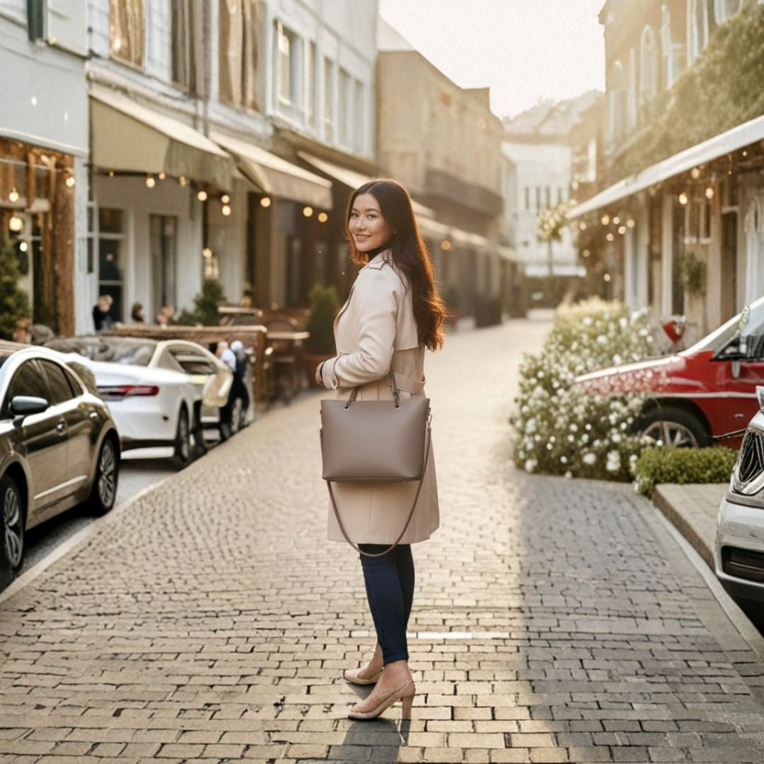 Women’s Chain Handle Tote Bag with Pouch – Taupe