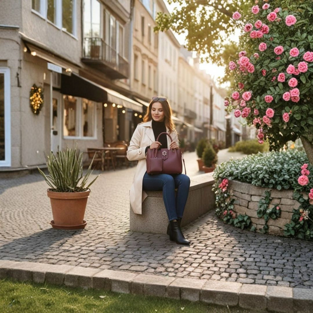 Women’s Classic Lock Tote Bag with Mini Pouch – Maroon