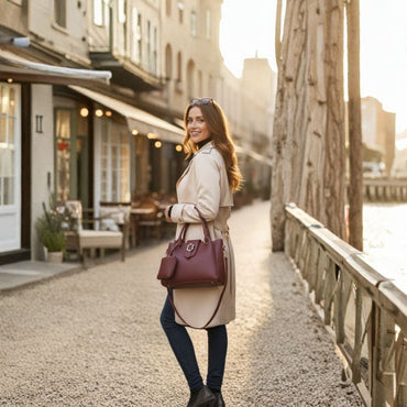 Women’s Classic Lock Tote Bag with Mini Pouch – Maroon