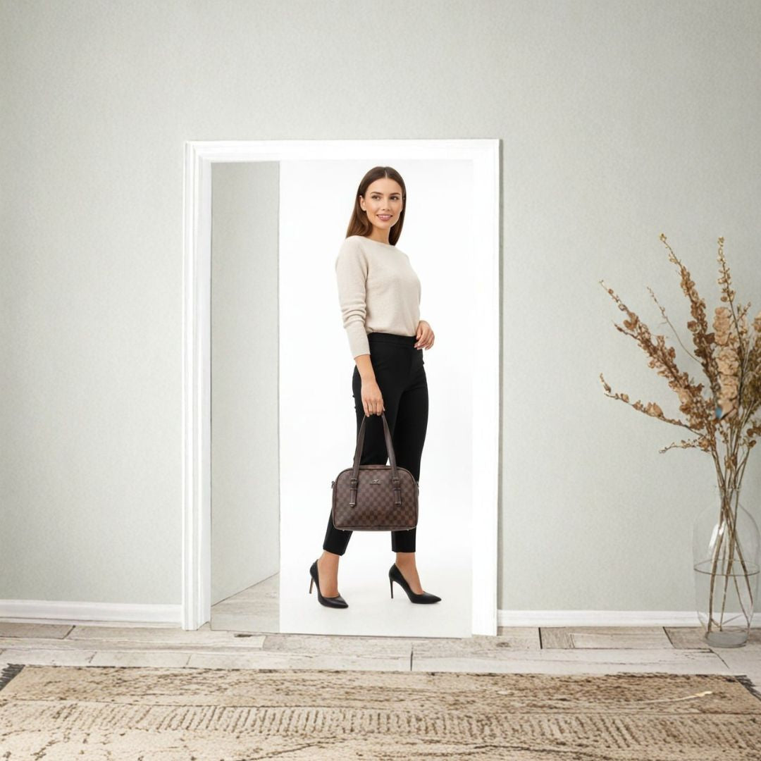 Classic Checkered Leather Shoulder Tote Bag