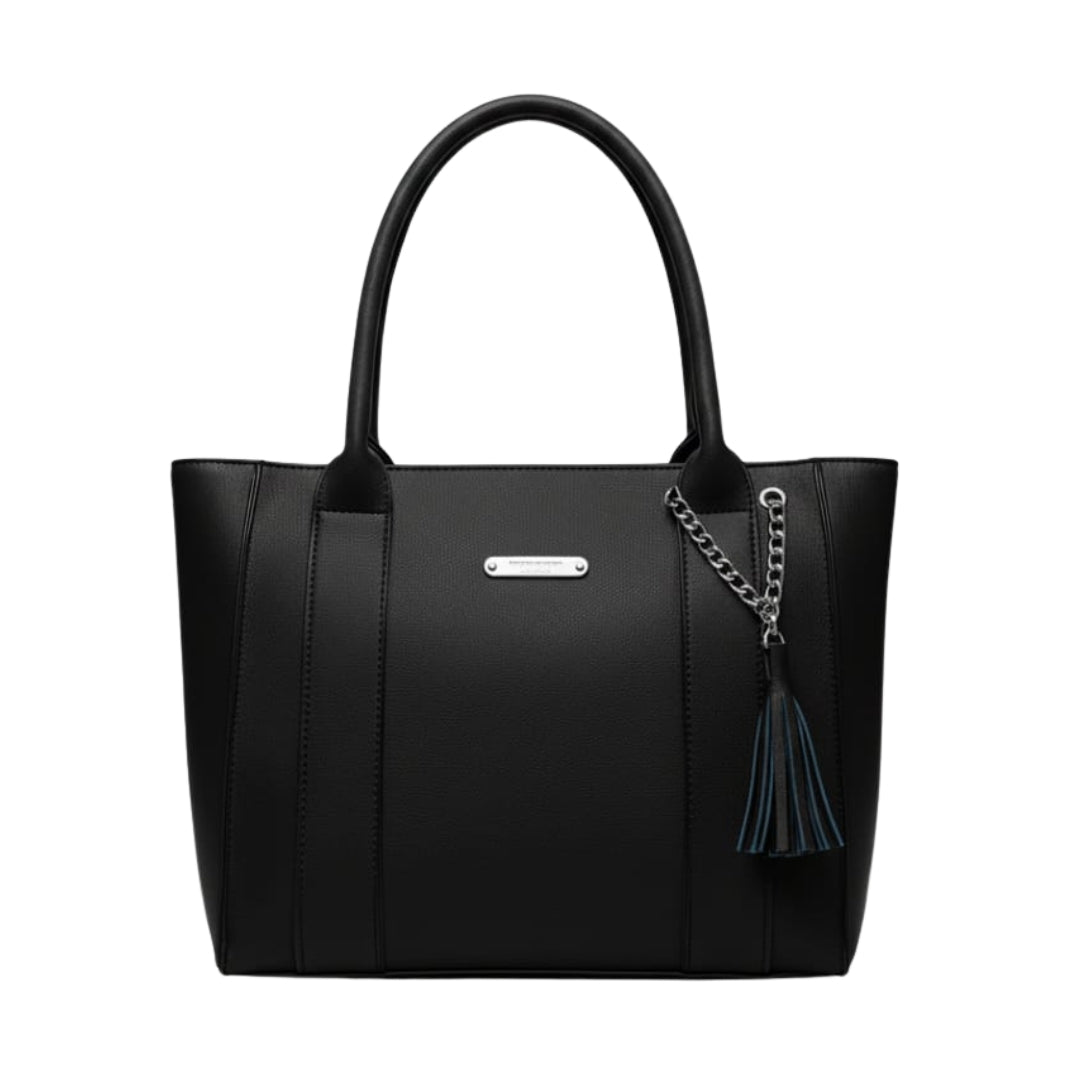 The Signature Black Tassel & Chain Tote Bag | Structured Faux Leather Handbag