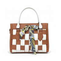 Woven Two-Tone Tote Handbag with Scarf Accent