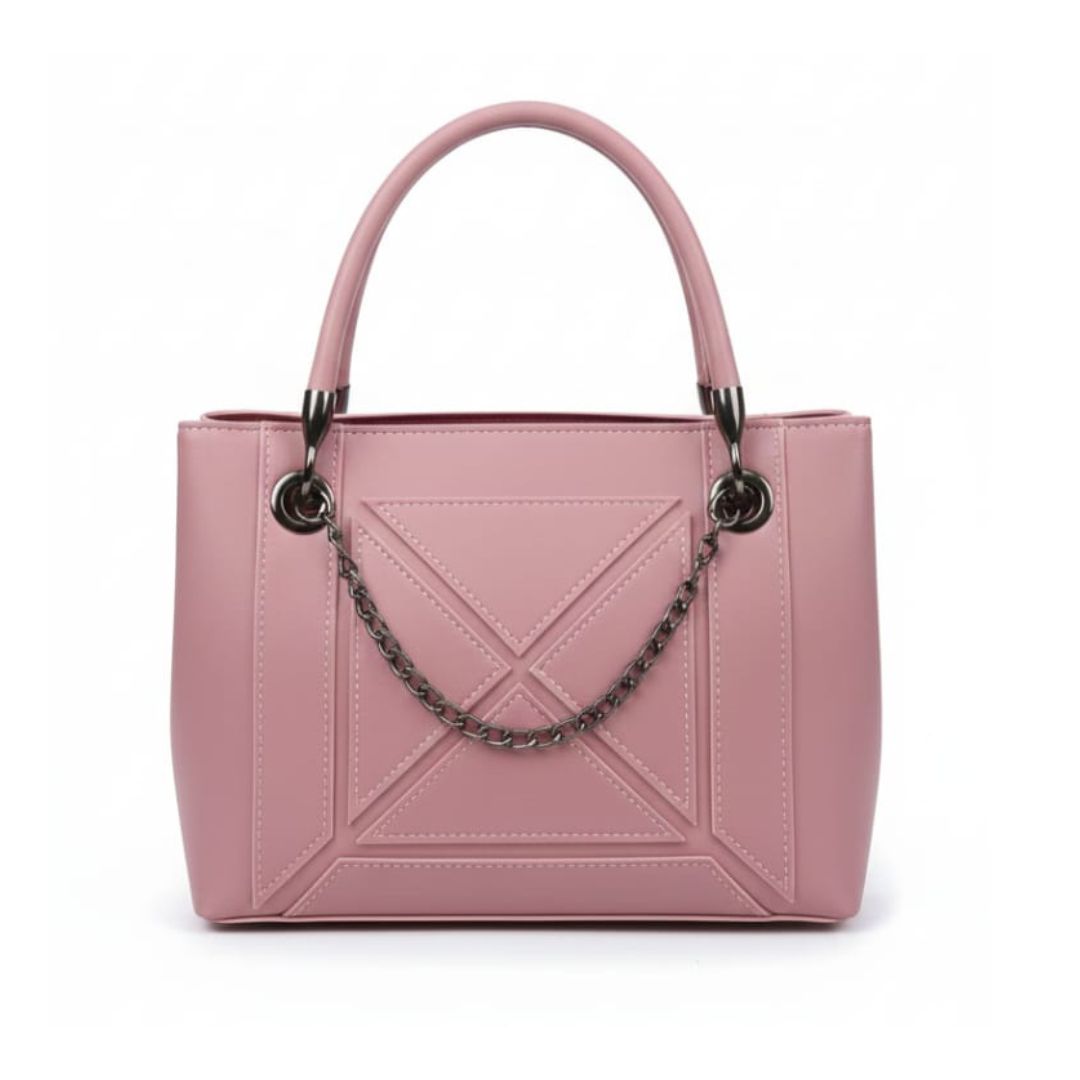 Pink Structured Tote Handbag with Chain Detail