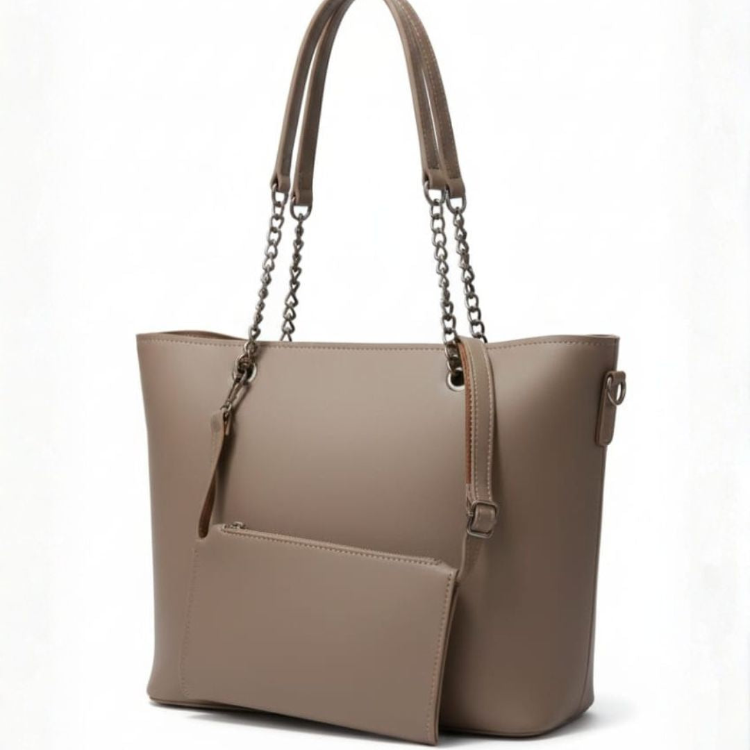 Women’s Chain Handle Tote Bag with Pouch – Taupe