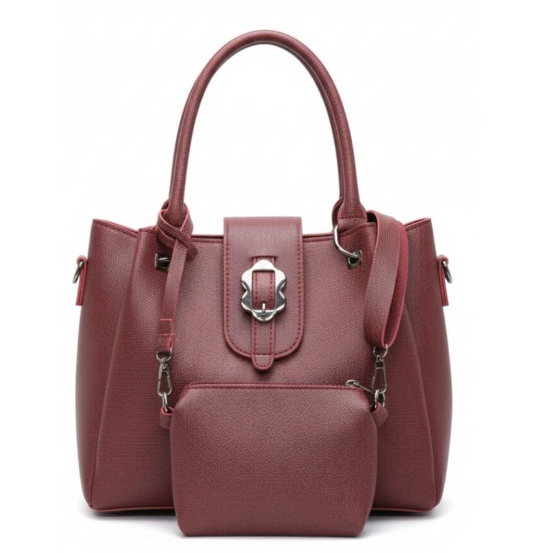 Women’s Classic Lock Tote Bag with Mini Pouch – Maroon