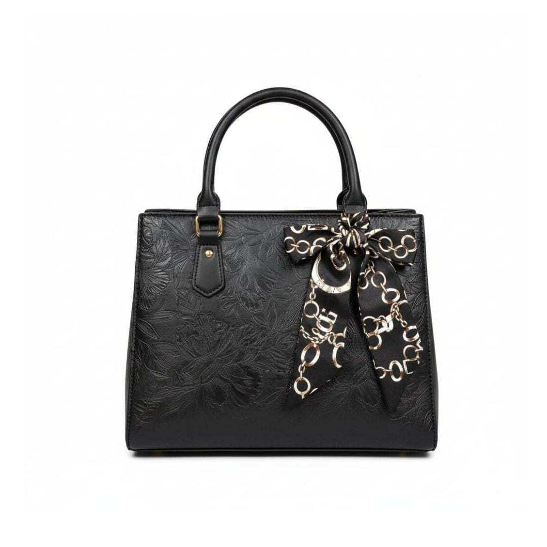 Elegant Embossed Floral Tote Handbag with Scarf Detail