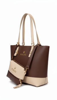 Two-Tone Brown & Beige Structured Tote Handbag with Matching Zip Pouch and Adjustable Strap