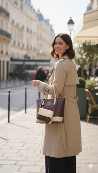 Two-Tone Brown & Beige Structured Tote Handbag with Matching Zip Pouch and Adjustable Strap